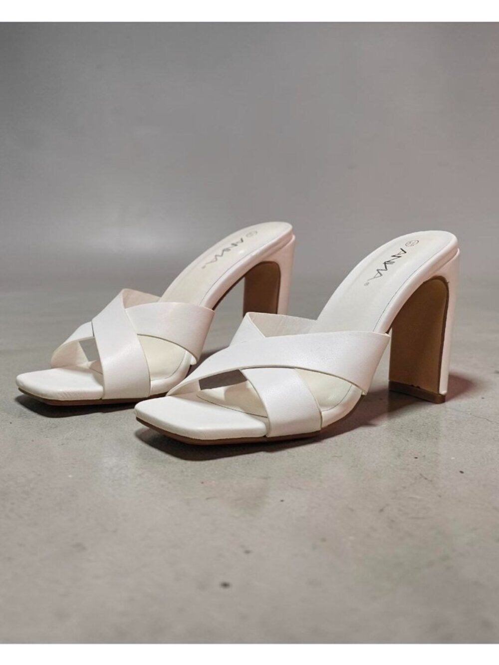 White Open-Toe Heeled Sandals With Cross-Strap Design & Square Toe By Anna - Picture 11 of 12
